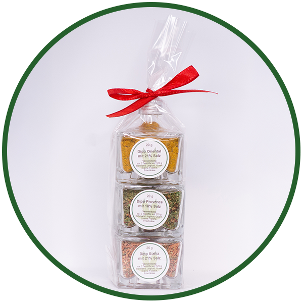 Tripple Carrée (3er-Set) – gefüllt mit Dipp Oriental (20 g), Dipp Provence (20 g), Dipp Sizilia (25 g)